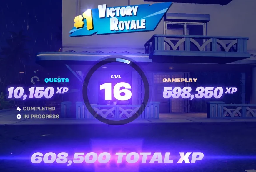 End-of-match results screen showing Level 16 alongside quest, gameplay and total XP earned