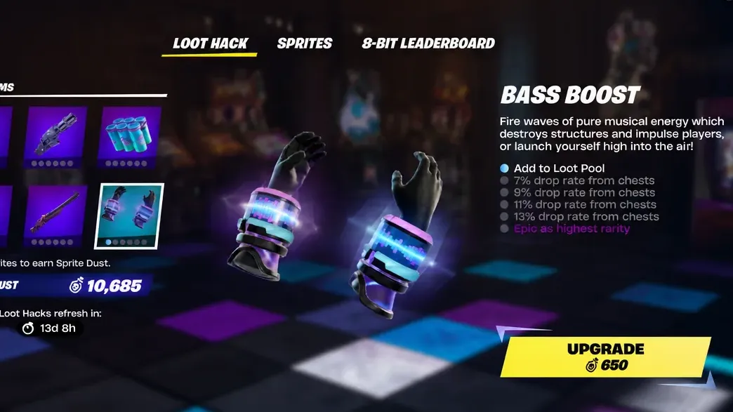 Loot Hack tab in the Override menu with Bass Boost selected and the Upgrade option available