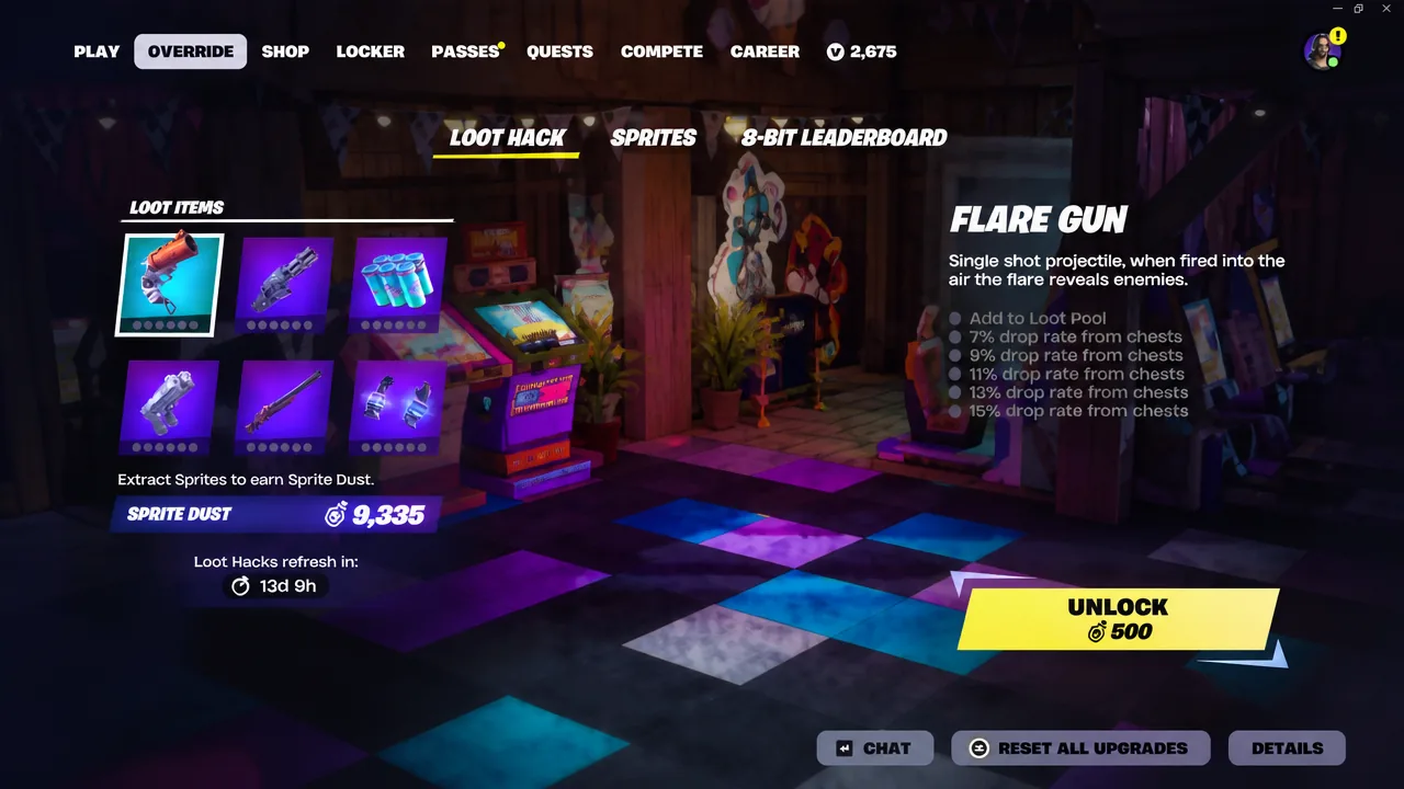 Loot Hack menu with the Flare Gun highlighted and its unlock details displayed