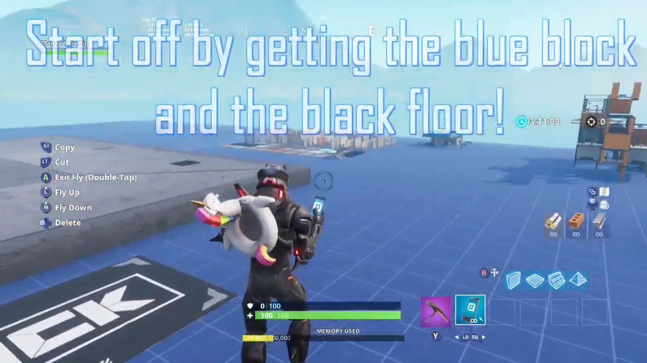 Creative mode overlay telling the player to grab the blue block and black floor props