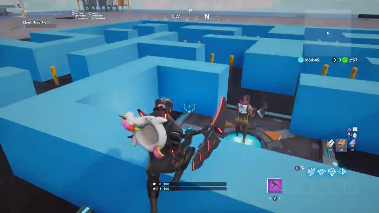 Player with a pickaxe running through the blue maze toward another character