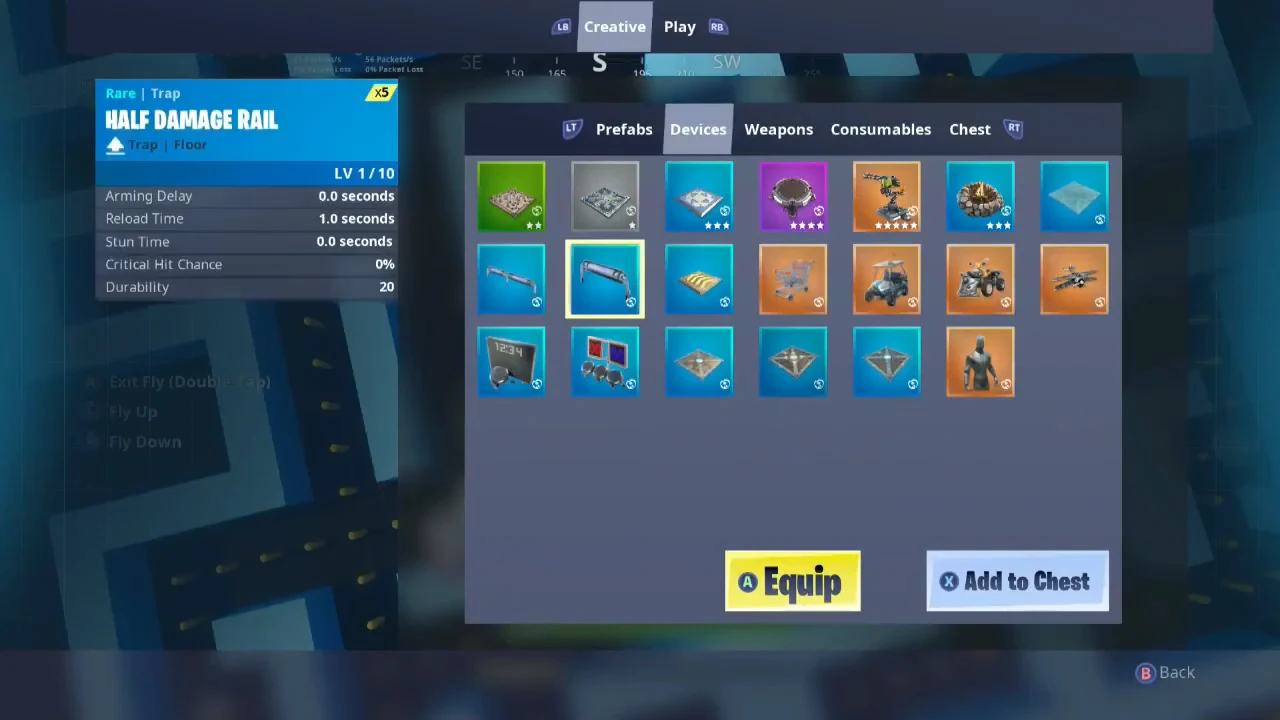 Creative Devices tab showing a trap device with equip and add-to-chest options