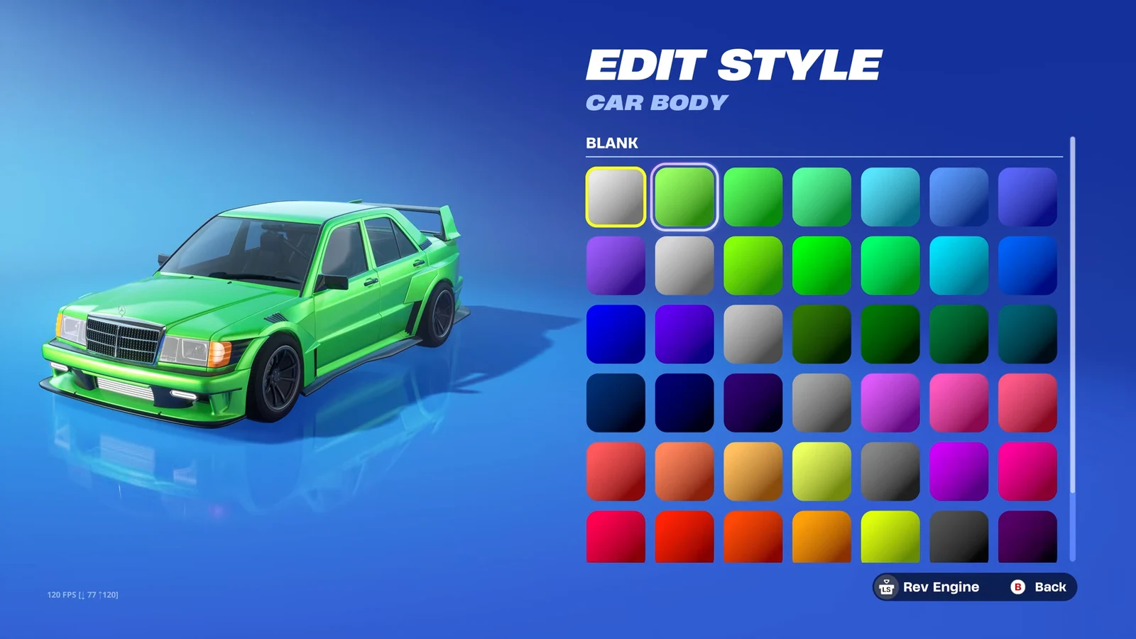 Edit Style Car Body color palette with a bright green swatch selected on the 190E Evo II