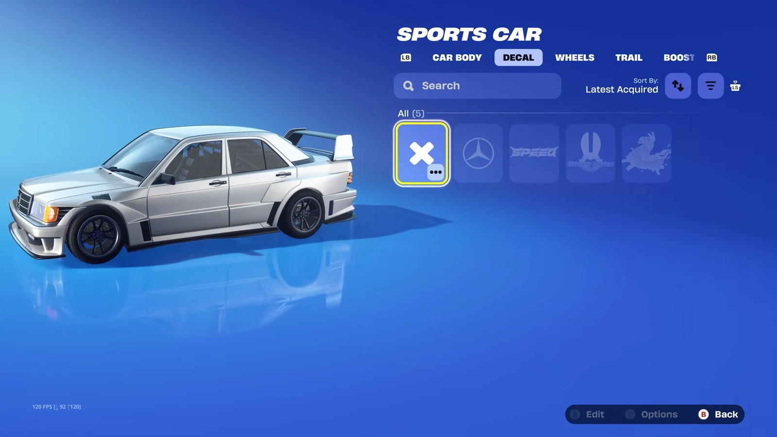 Decal selection menu with the first slot chosen, showing the black and grey Mercedes-Benz decal