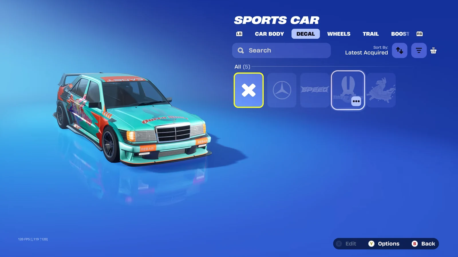 Decal tab with the fourth tile highlighted, applying the Buffy Sugo design to the car
