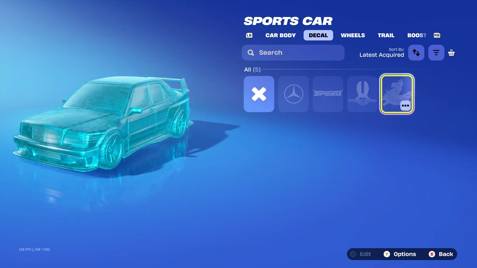 Sports Car Decal tab open with the rightmost decal option highlighted on the 190E Evo II