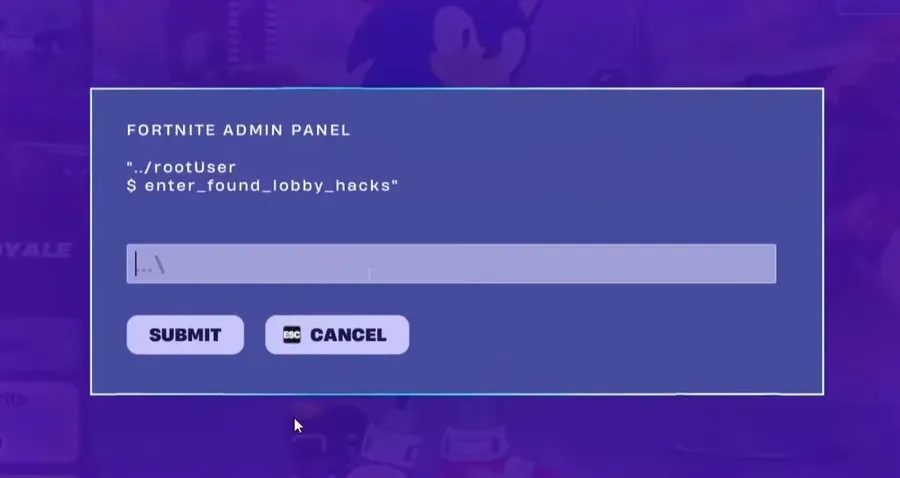 Fortnite Admin Panel with the lobby hack code entry field active