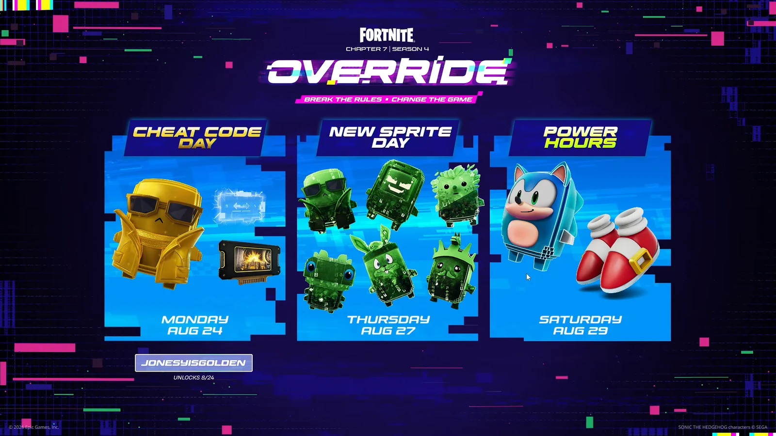 Override event schedule showing Cheat Code Day, New Sprite Day, and Power Hours dates