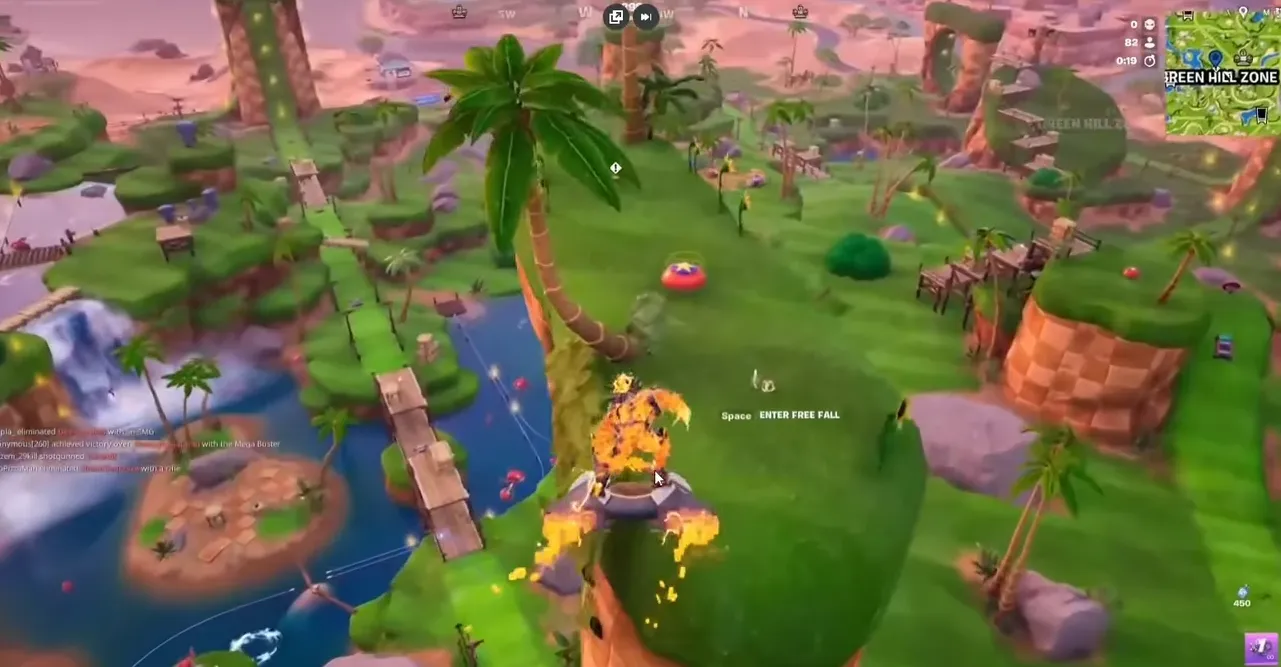 Fortnite player gliding over Green Hill Zone while collecting Wrixel parts