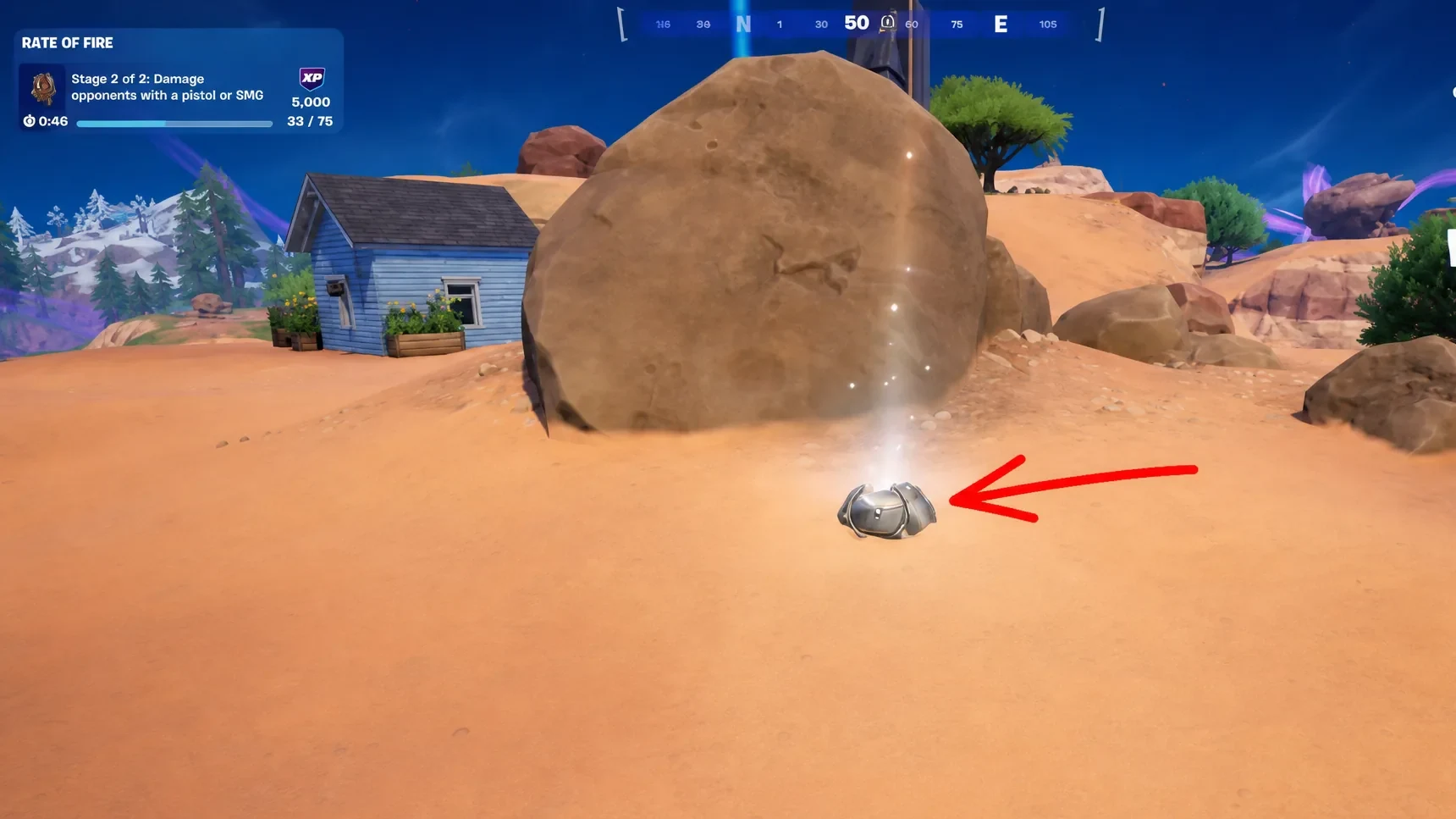 Fortnite player in front of a buried Sprite Chest