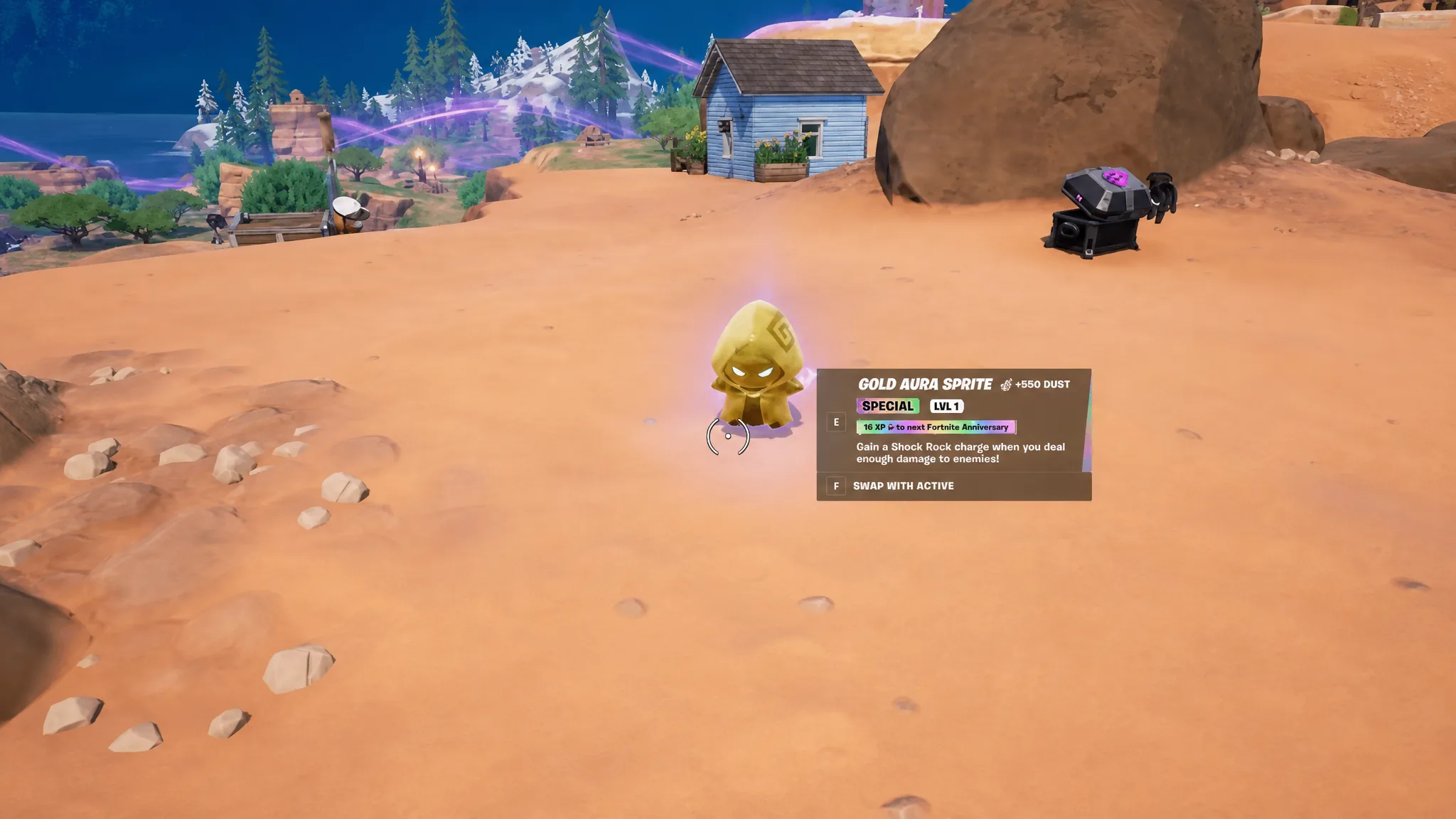 Fortnite player in front of the Gold Aura Sprite