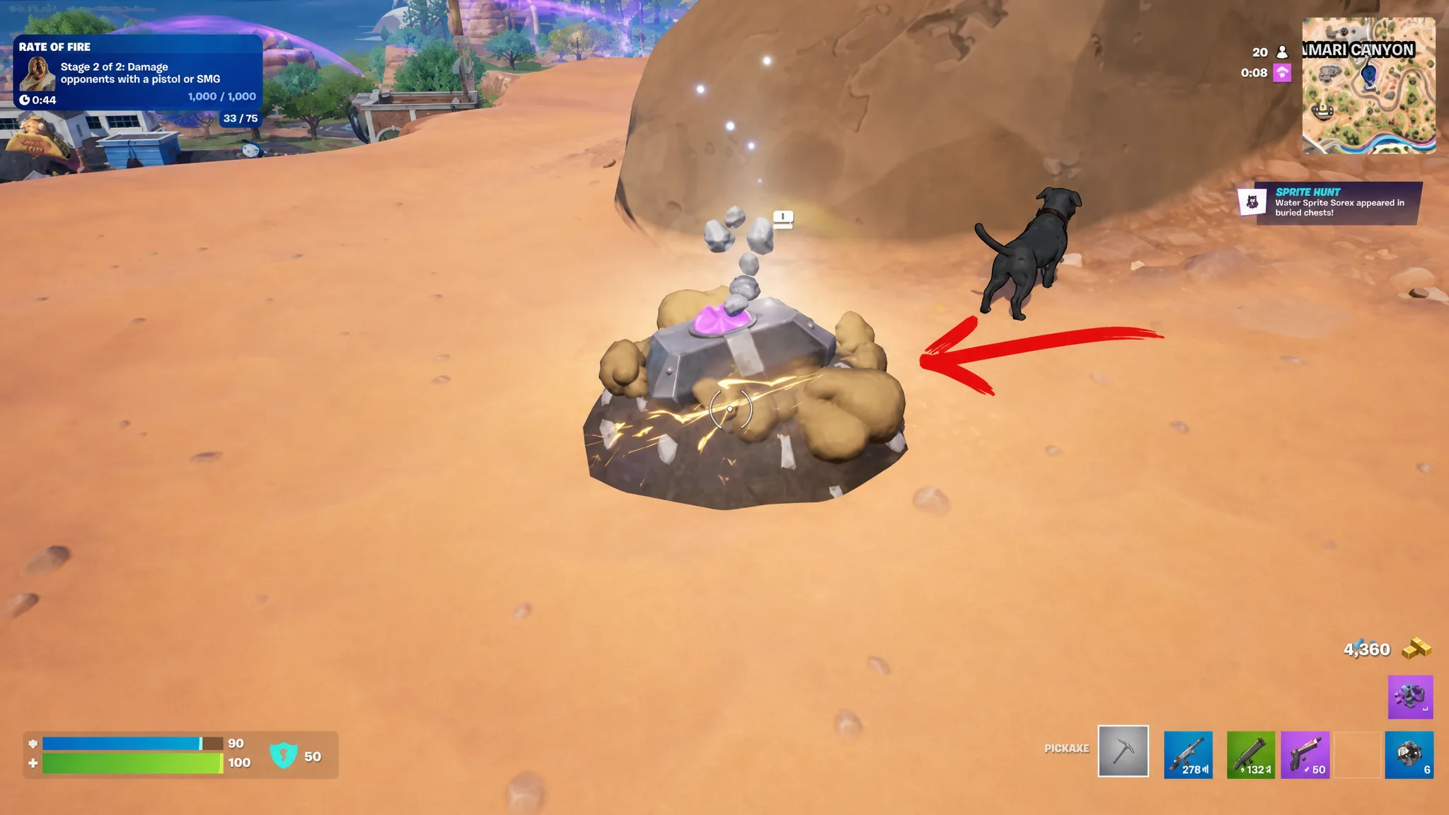 Fortnite player digging up a buried Sprite Chest