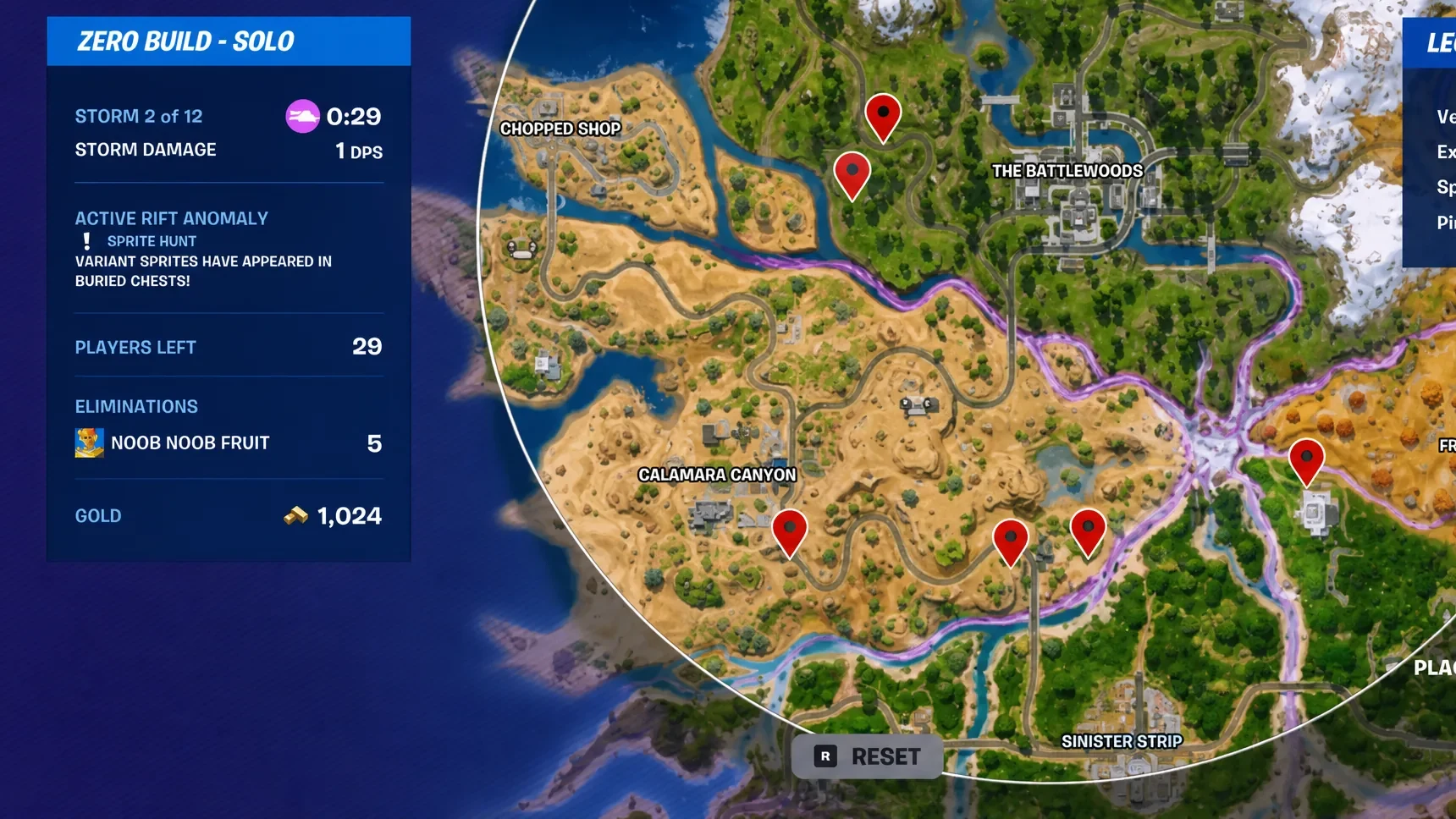 Fortnite Chapter 7 Season 3 map with the locations of buried Sprite Chests