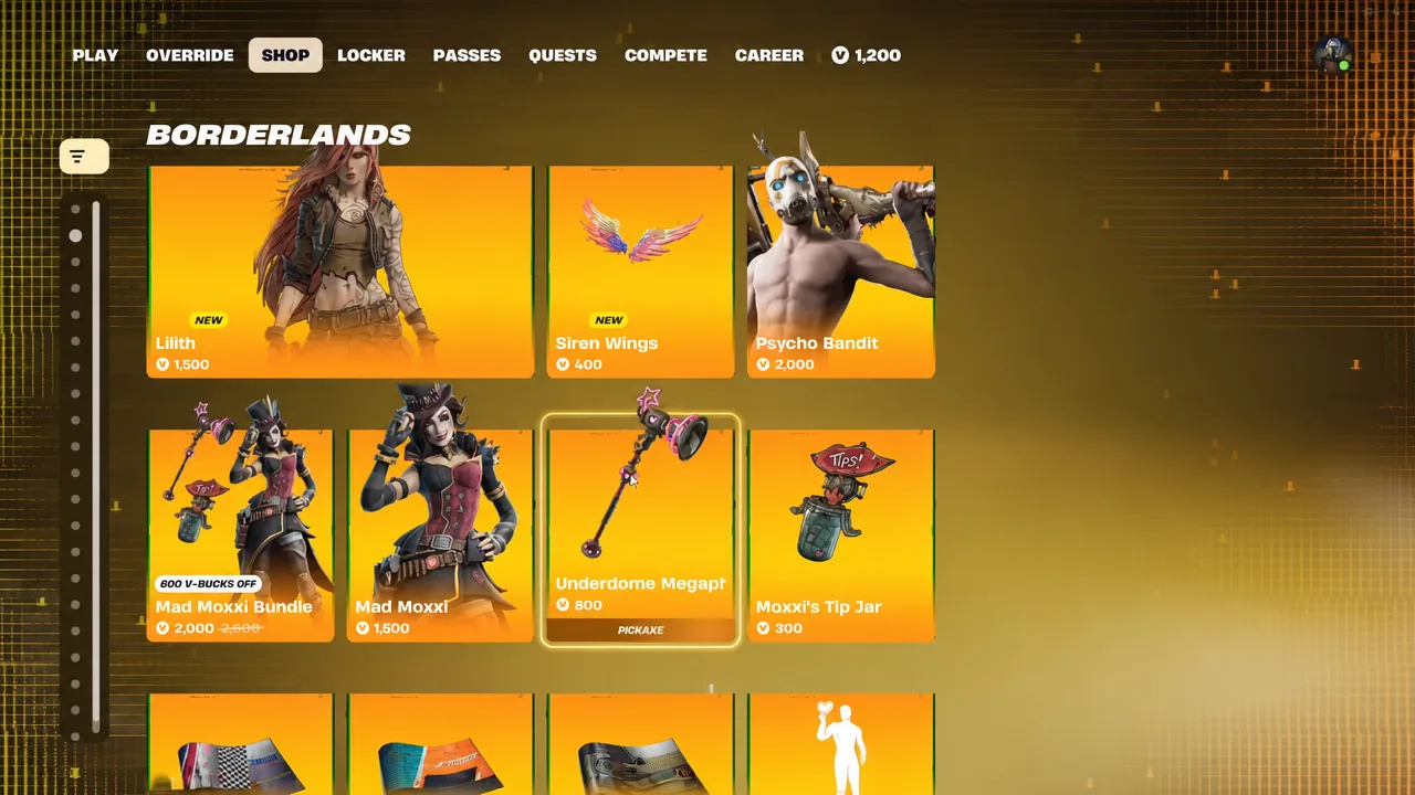 Underdome Megaphone pickaxe highlighted in the Borderlands section of the Fortnite shop