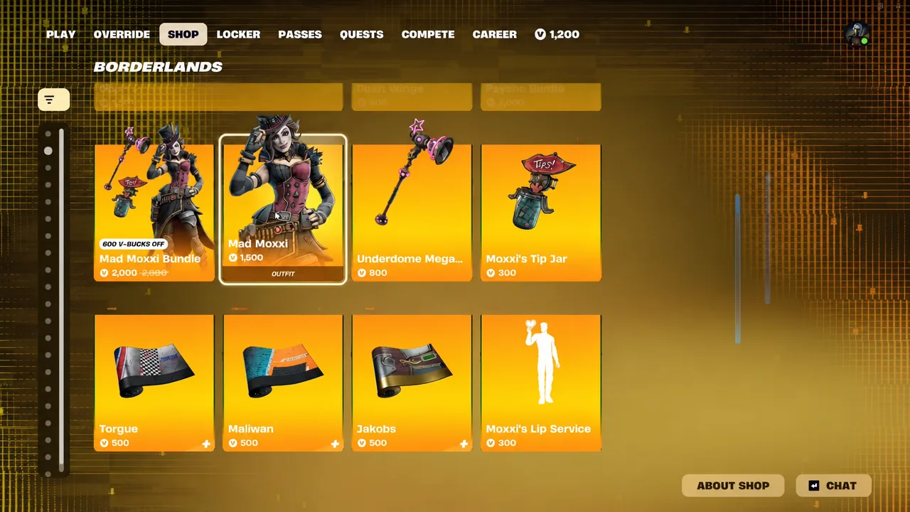 Mad Moxxi outfit highlighted on the Fortnite shop grid