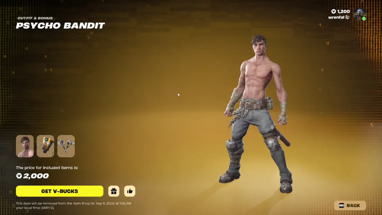 Psycho Bandit bundle page in the Fortnite shop showing the outfit and bonus items