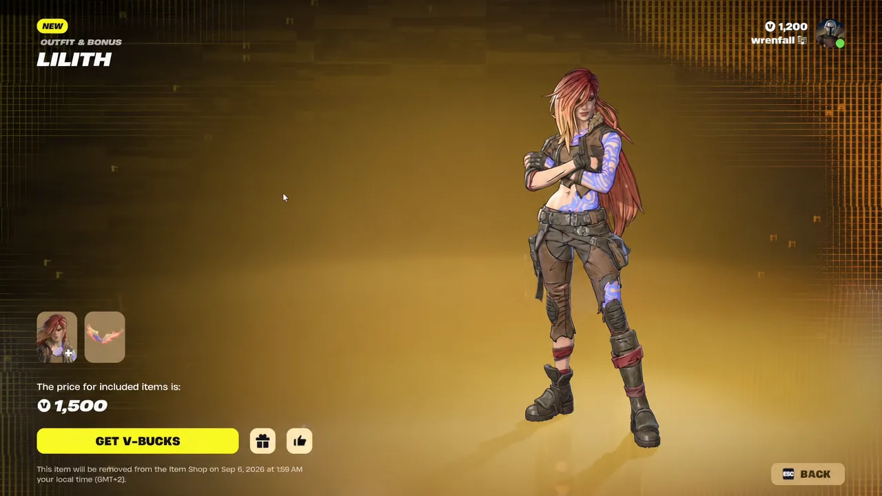 Lilith offer page in the Fortnite shop with the Get V-Bucks prompt highlighted