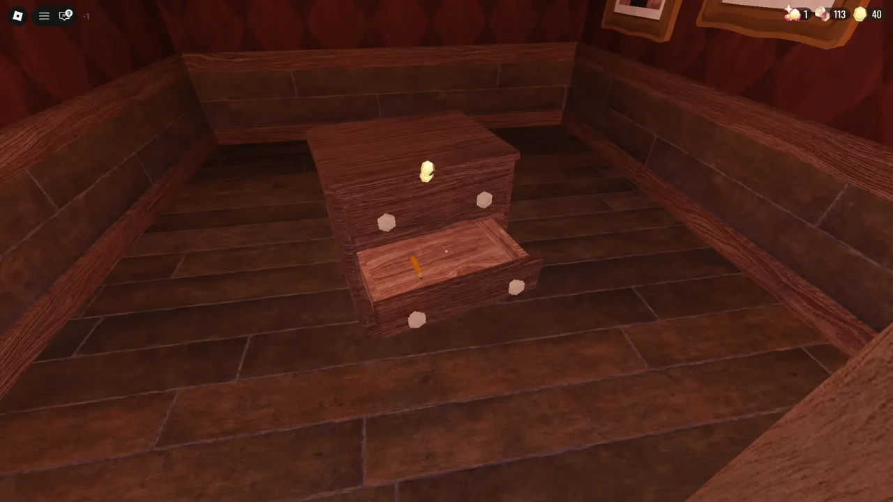 An open dresser drawer in DOORS with a highlighted yellow item inside