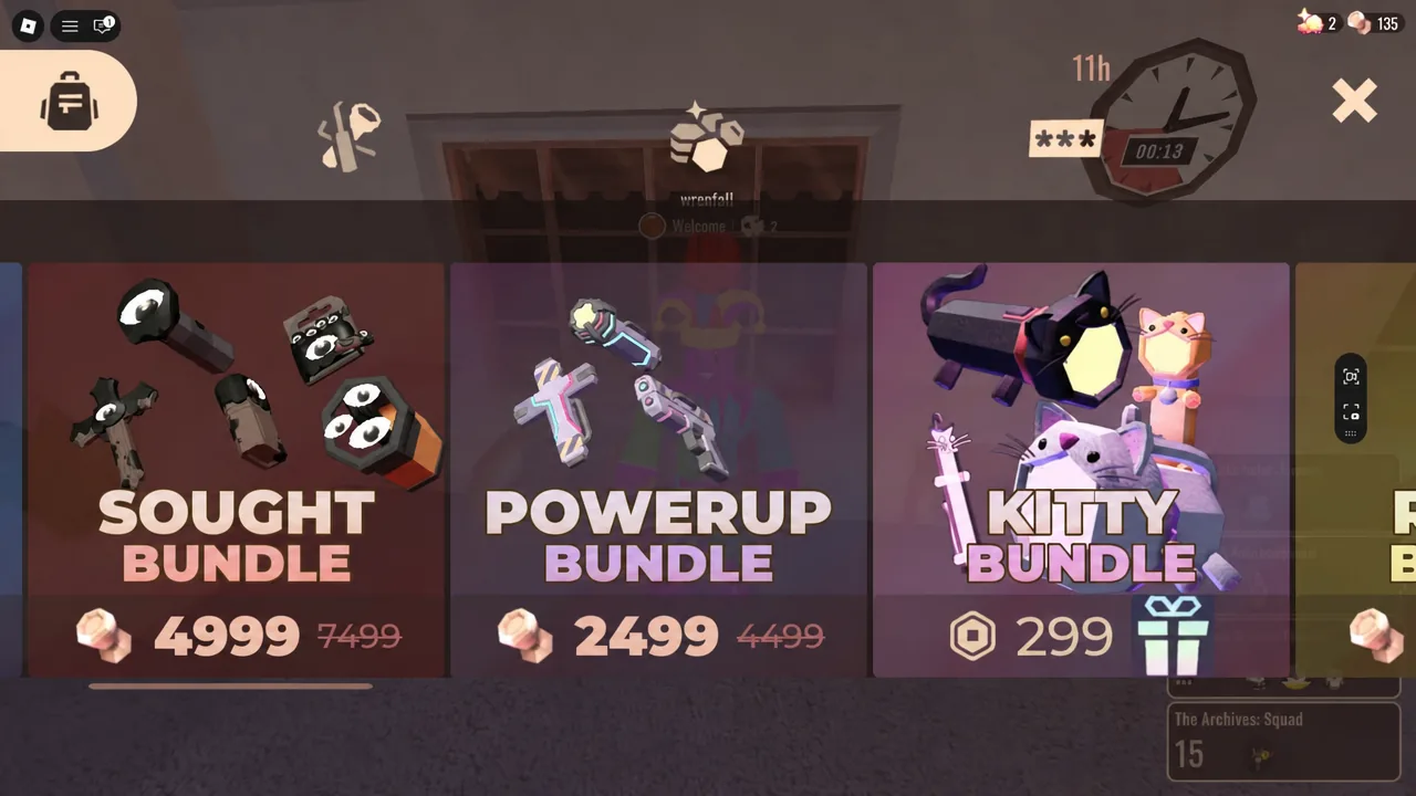 The DOORS in-game store showing the Sought, Powerup, and Kitty bundles