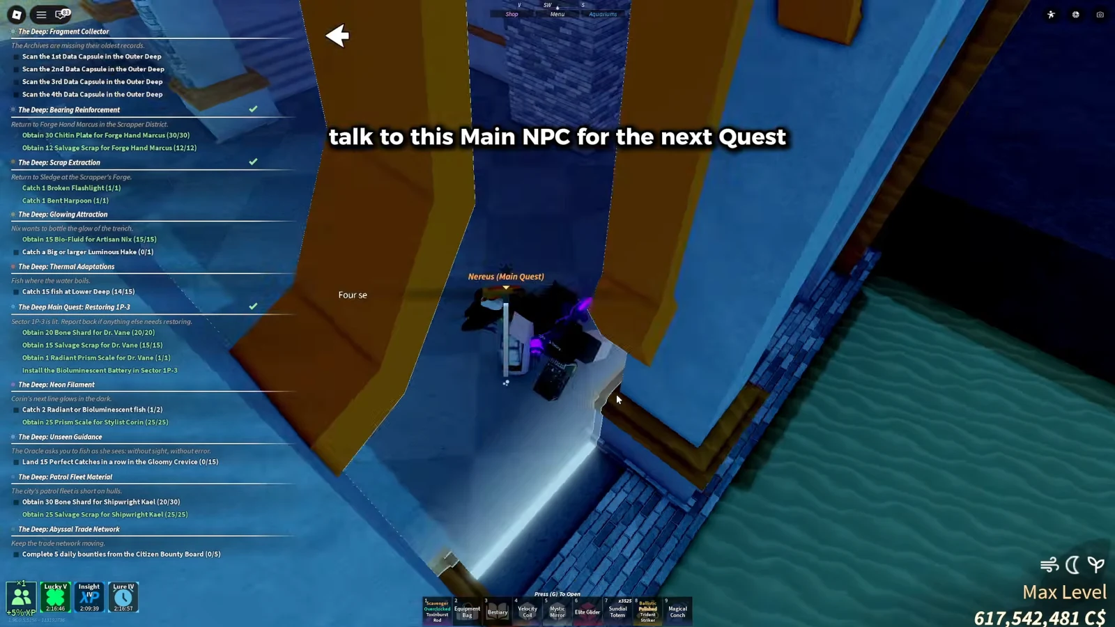 Chief Engineer Nereus highlighted as the Main Quest NPC, the final hand-in for the four towers.