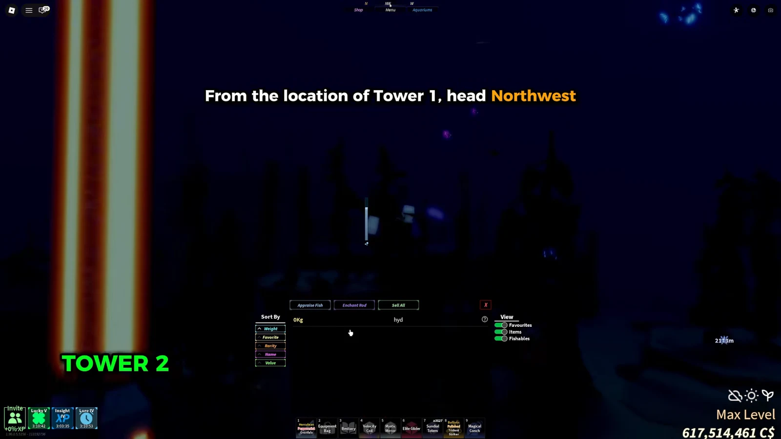The fishing inventory menu, where you sort catches and check the materials needed for each turn-in.