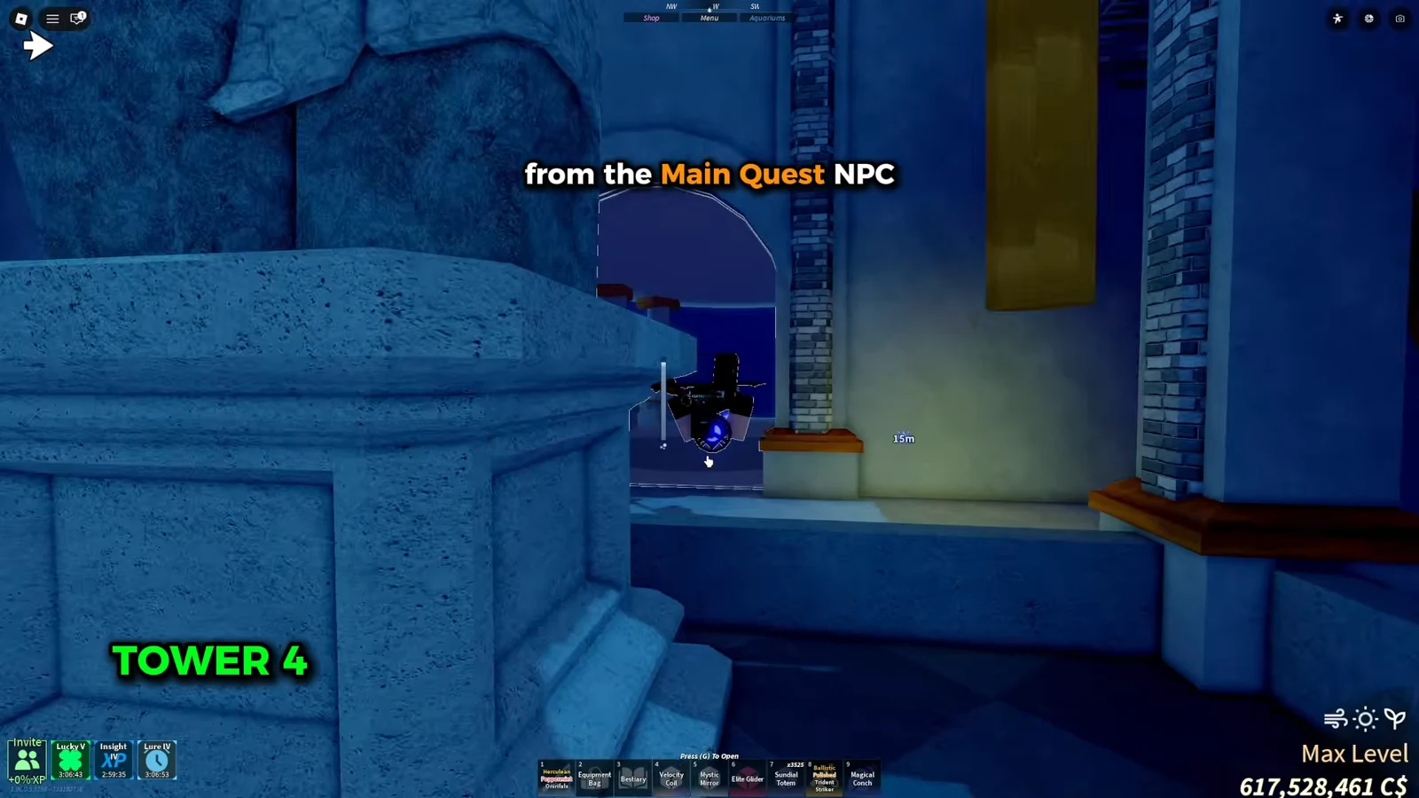 Closing in on the quest marker for the fourth tower, shown at 15m in the gameplay view.