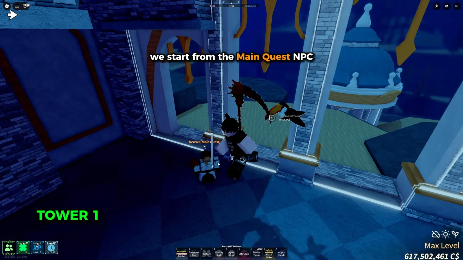 Using the on-screen Interact prompt on Chief Engineer Nereus to begin the Sector Tower questline in Fisch.