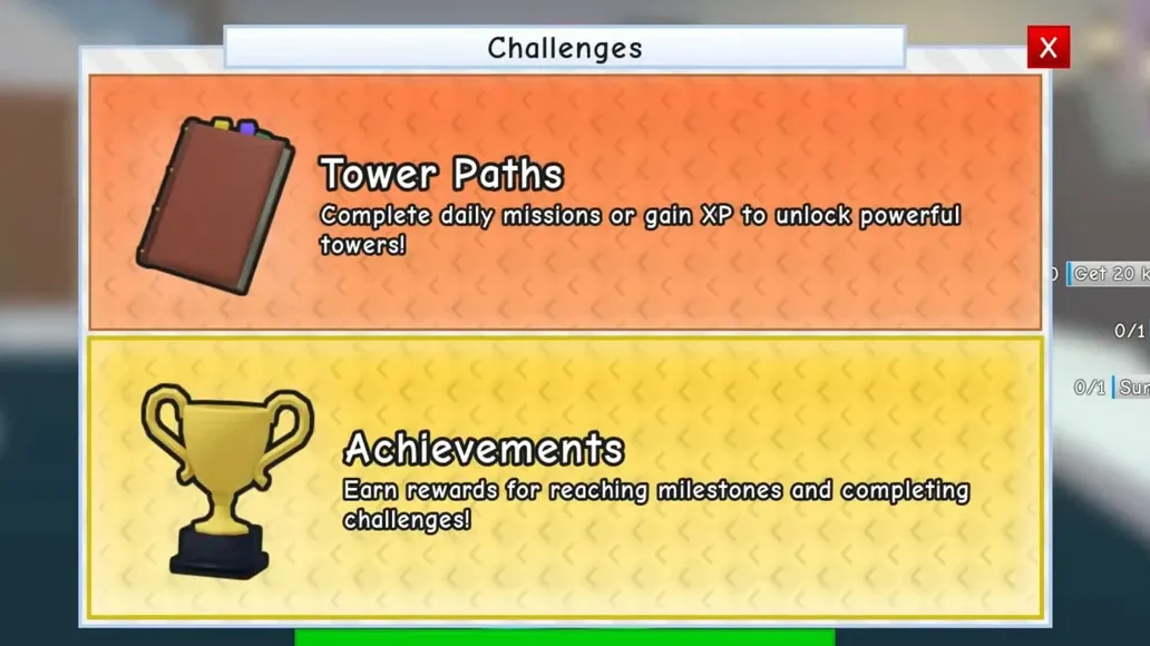 Challenges menu open showing Tower Paths and Achievements options with daily missions
