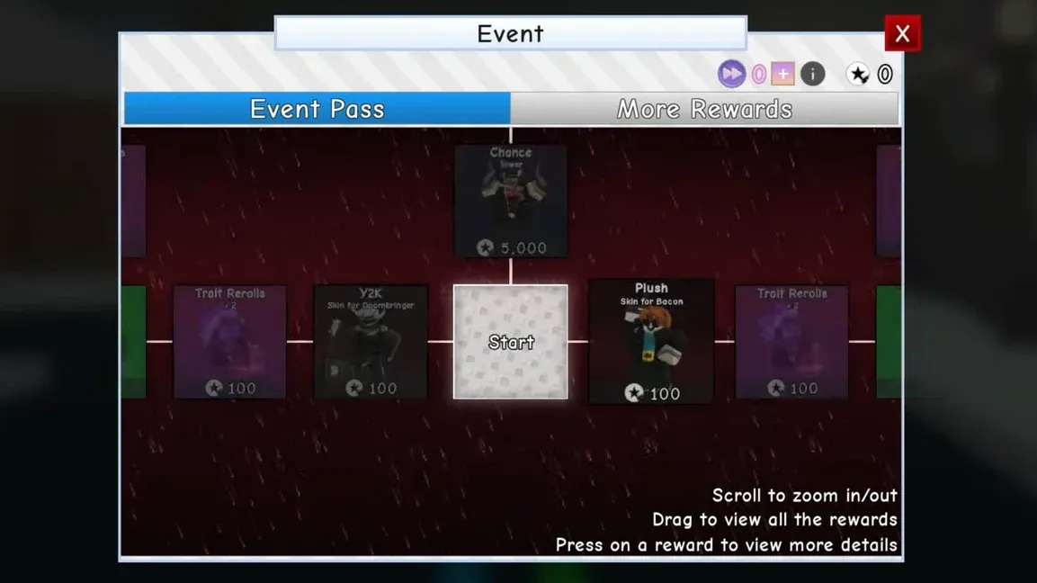 Event Pass tab open in the Roblox Event window with the Start reward tile selected