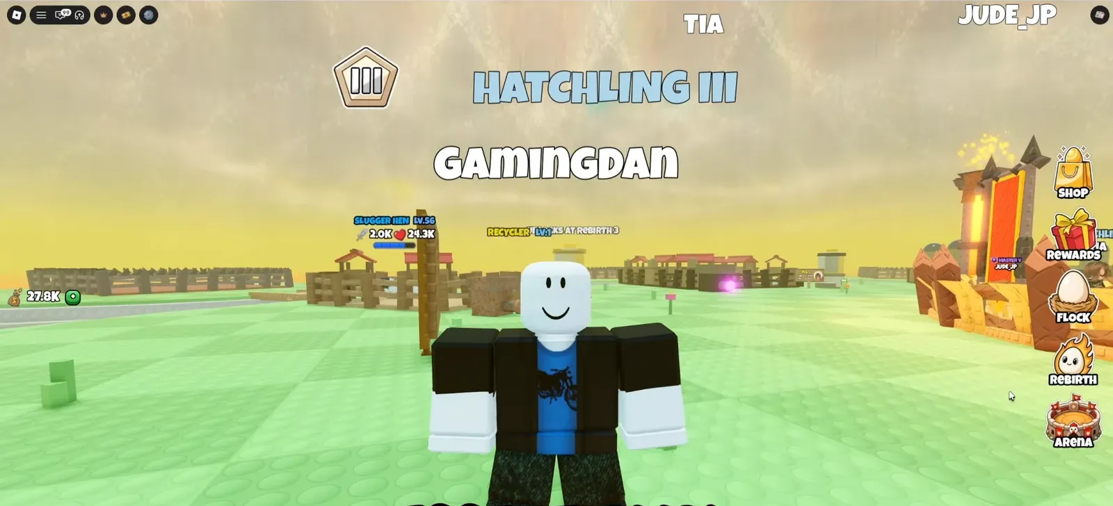 Grow a Chicken Fighter gameplay field with Shop, Rewards, Flock, Rebirth, and Arena buttons on screen