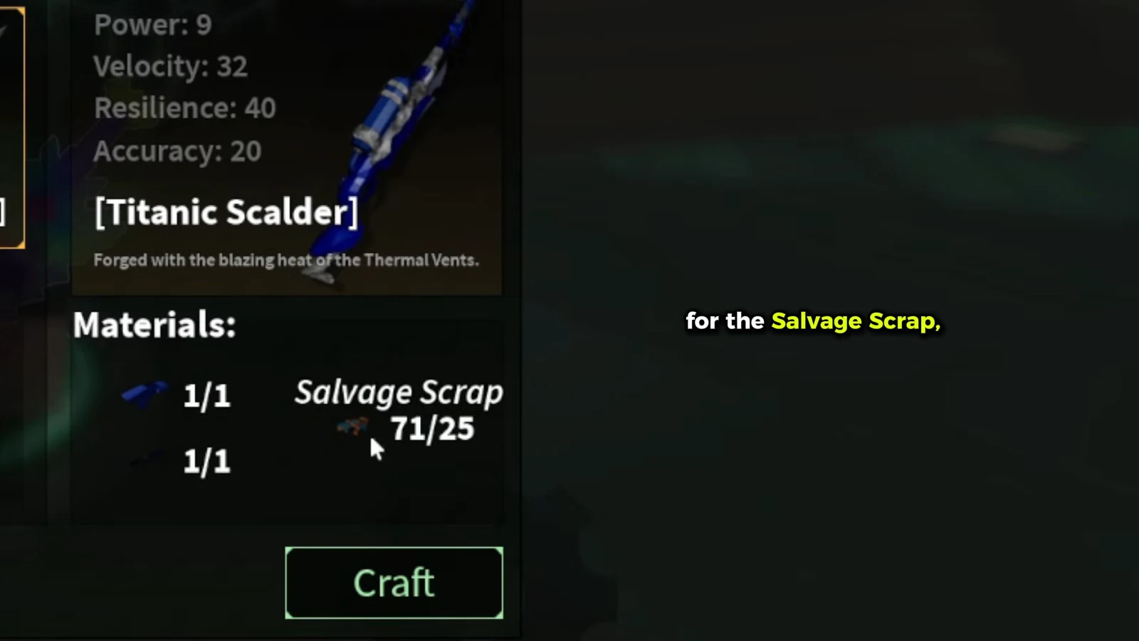 The Titanic Scalder crafting screen confirms the materials, with the Craft button active once all requirements are met. Roblox / Fisch.