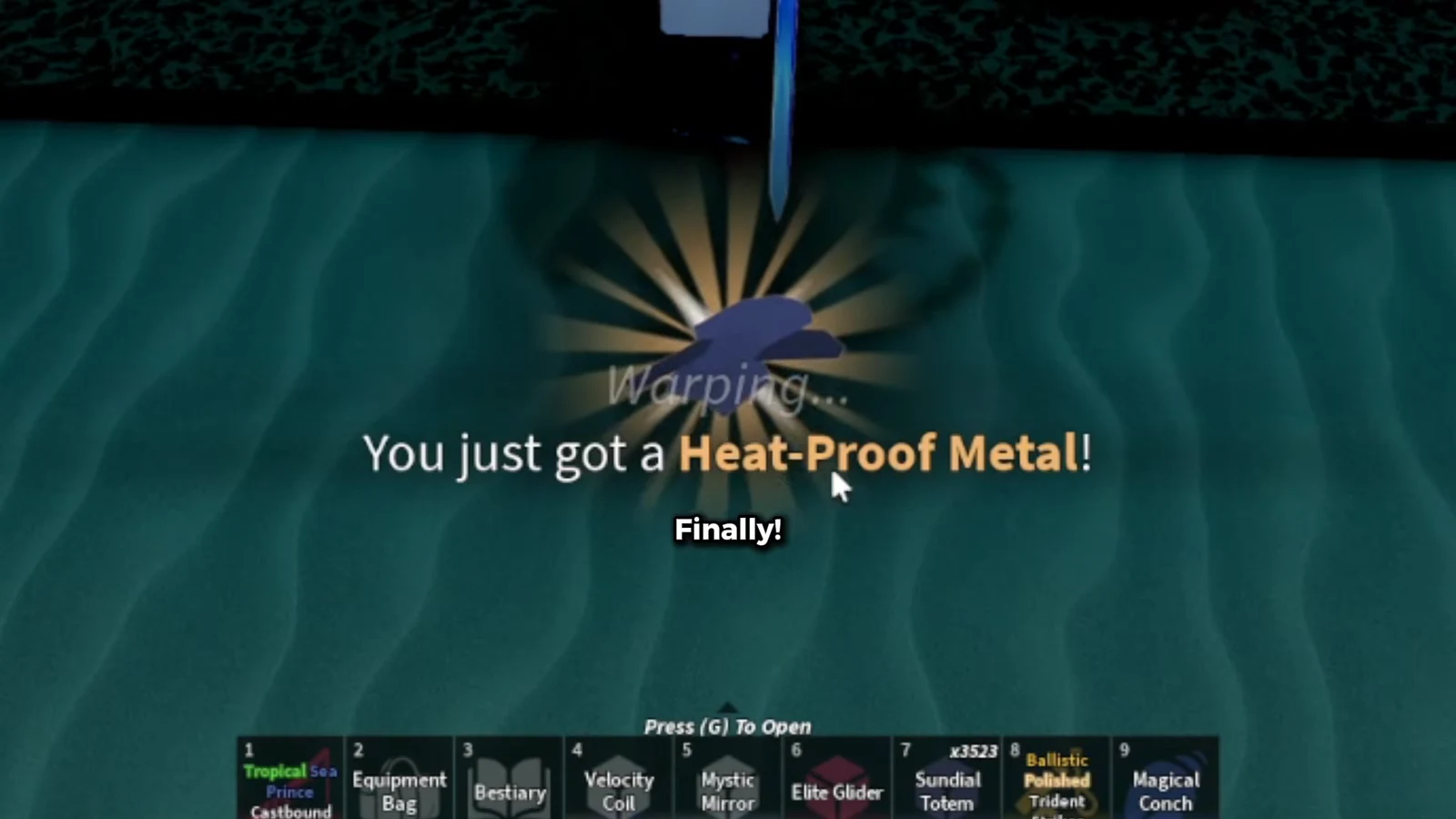 Completing Hunter Dan's final quest grants the Heat-Proof Metal, shown in the reward overlay. Roblox / Fisch.