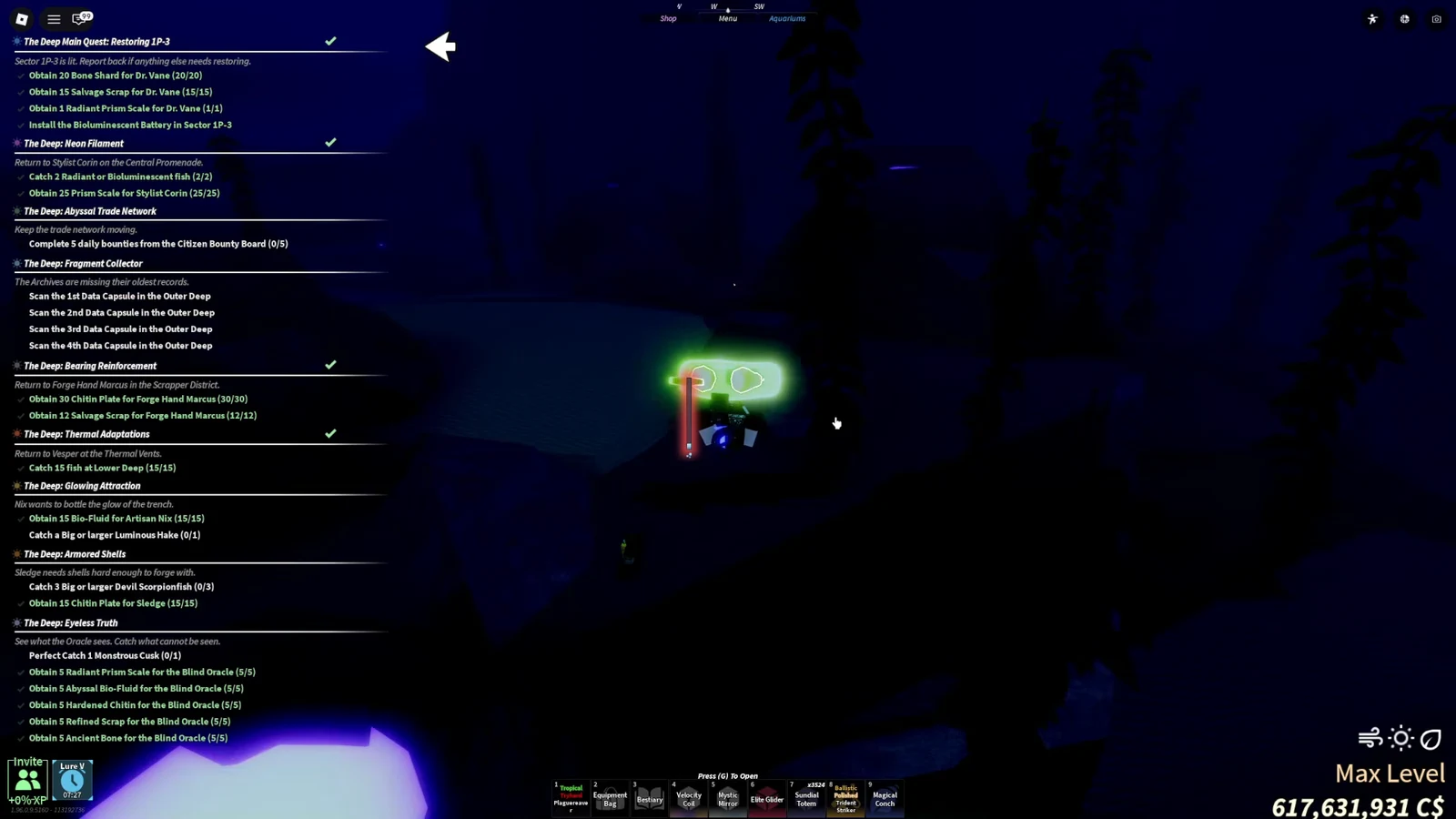 Vesper of the Deep's Thermal Adaptations quest rewards the Thermal Harpoon for catching 15 fish in the Lower Deep. Roblox / Fisch.
