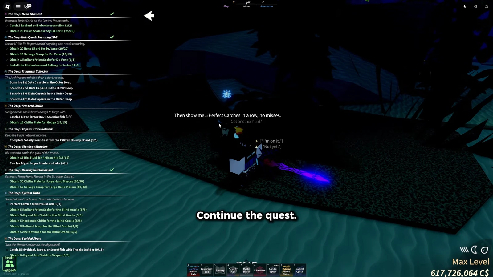 The Big Game Harpooner quest dialogue confirms the five-perfect-catches-in-a-row objective. Roblox / Fisch.