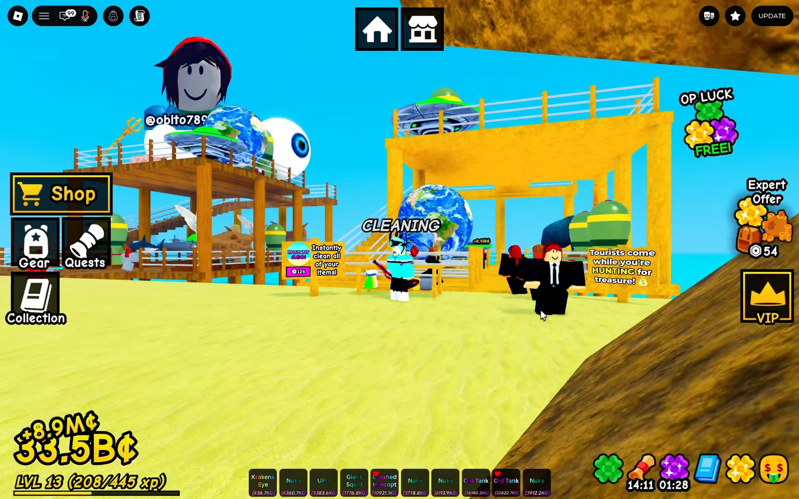 Active cleaning station with the Shop, Gear, and Quests menus available on screen