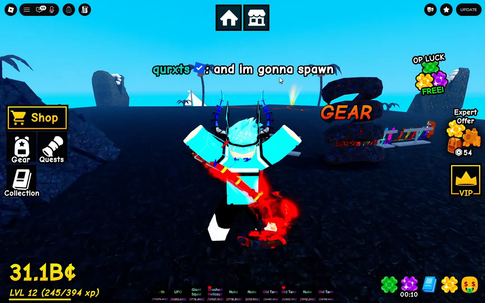 Main screen near the Shop and Gear controls as chat announces an upcoming item spawn