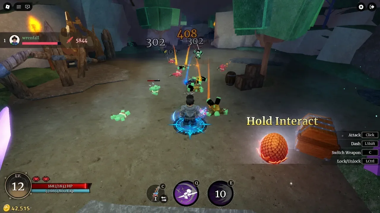 Glowing orange egg with a Hold Interact prompt during a combat run