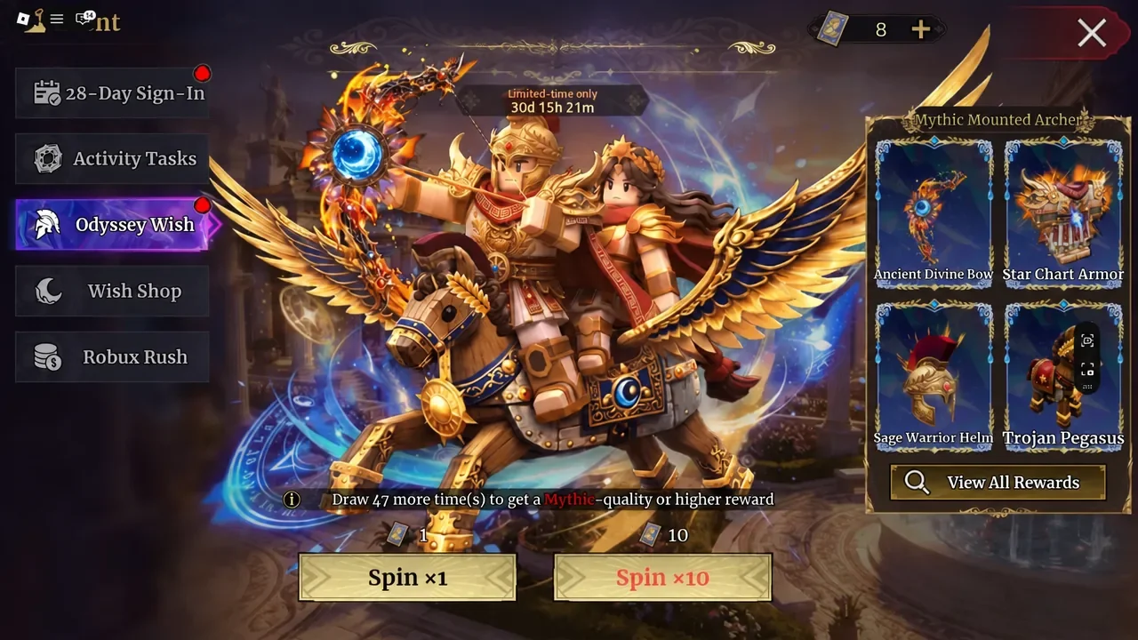 Odyssey Wish screen displaying Mythic Mounted Archer rewards with single and ten-pull spin buttons
