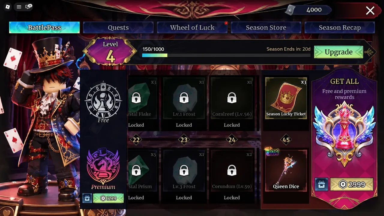 Battle Pass screen showing level rewards and the Upgrade button for premium access