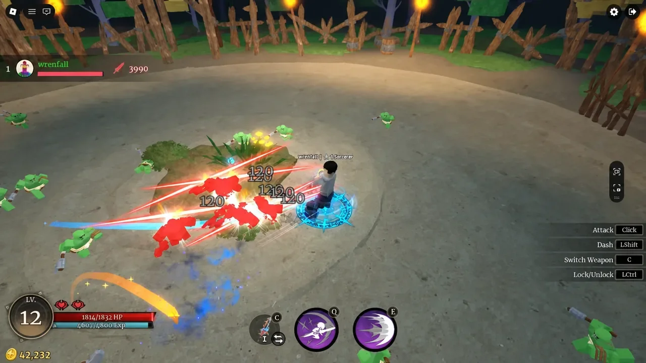 Player attacking enemies in an arena with red damage effects and the Attack Click control on screen