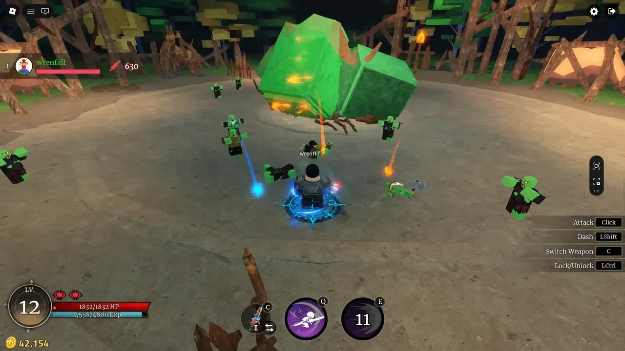 Level 12 character using fire and sword skills against a crowd of green zombie enemies