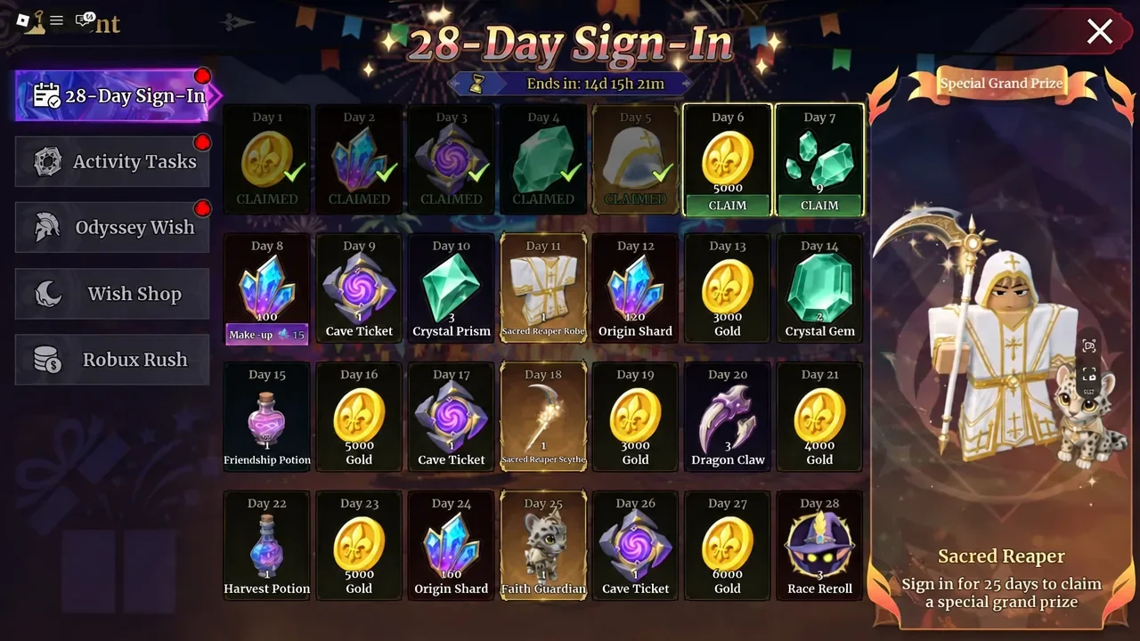 28-Day Sign-In menu with the Day 6 Gold reward and Day 7 Crystal Gem reward ready to claim
