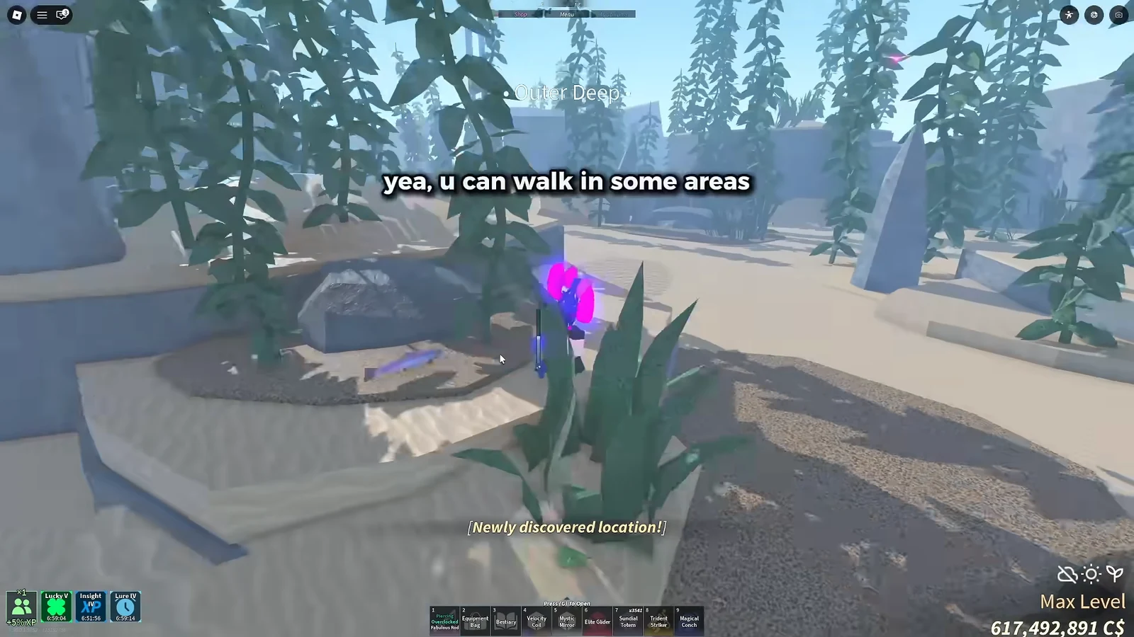 Player on foot in the Outer Deep with a newly discovered location notification in Fisch