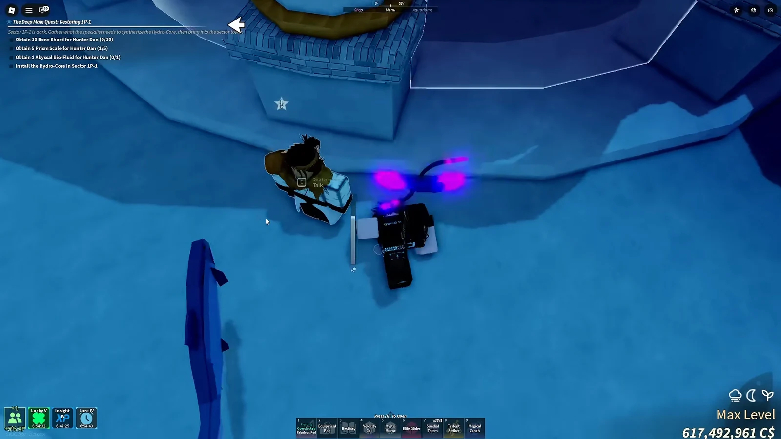 Quartermaster delivery step with an E Talk prompt during a Deep main quest in Fisch
