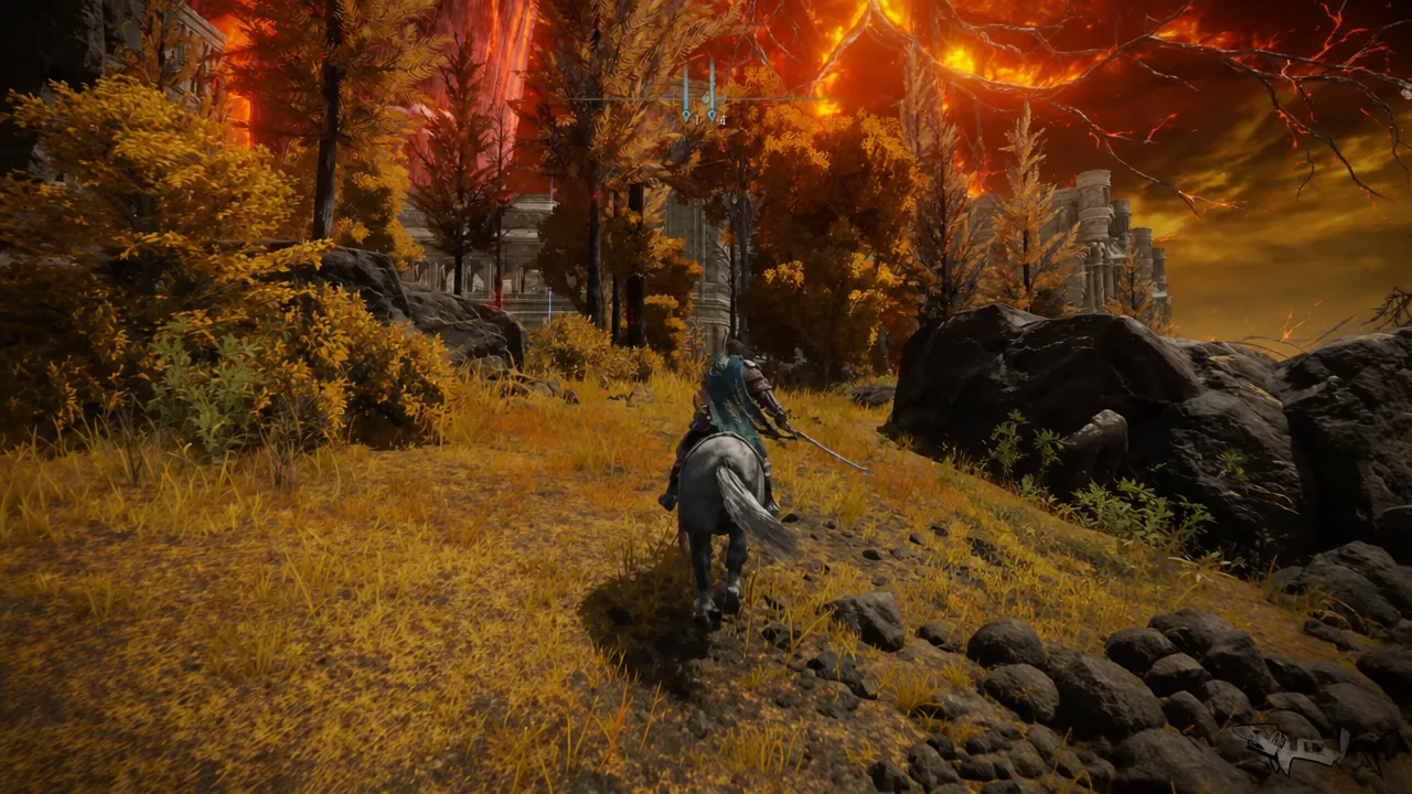 Player riding a spectral horse through an autumnal, ruin-strewn stretch of Capital Outskirts