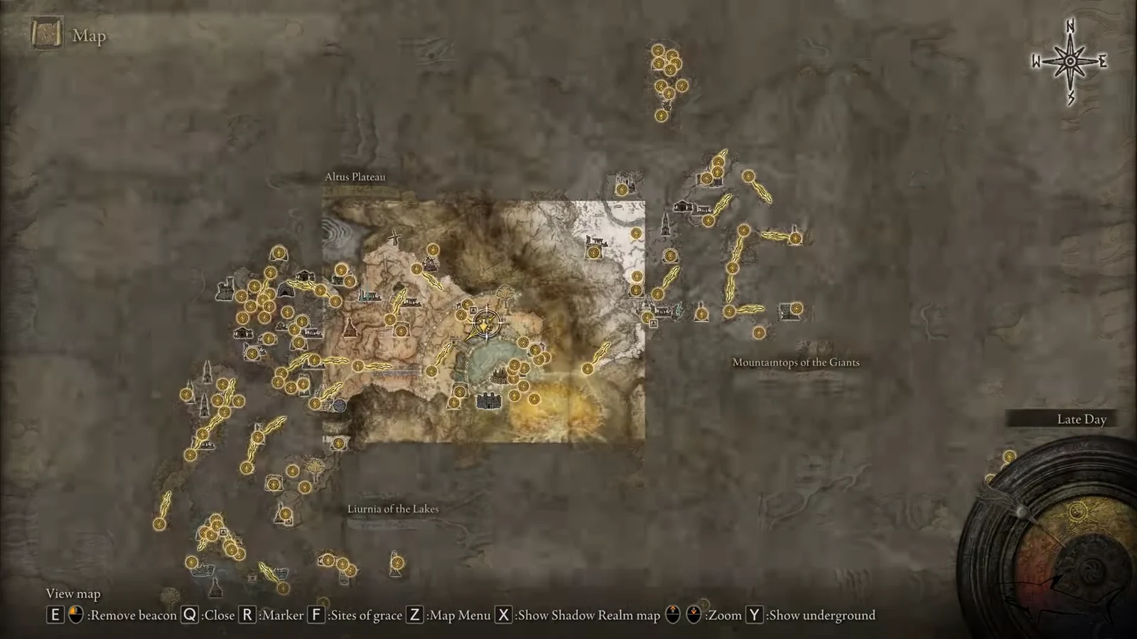 Map screen zoomed to Altus Plateau and the outskirts of Leyndell with markers visible