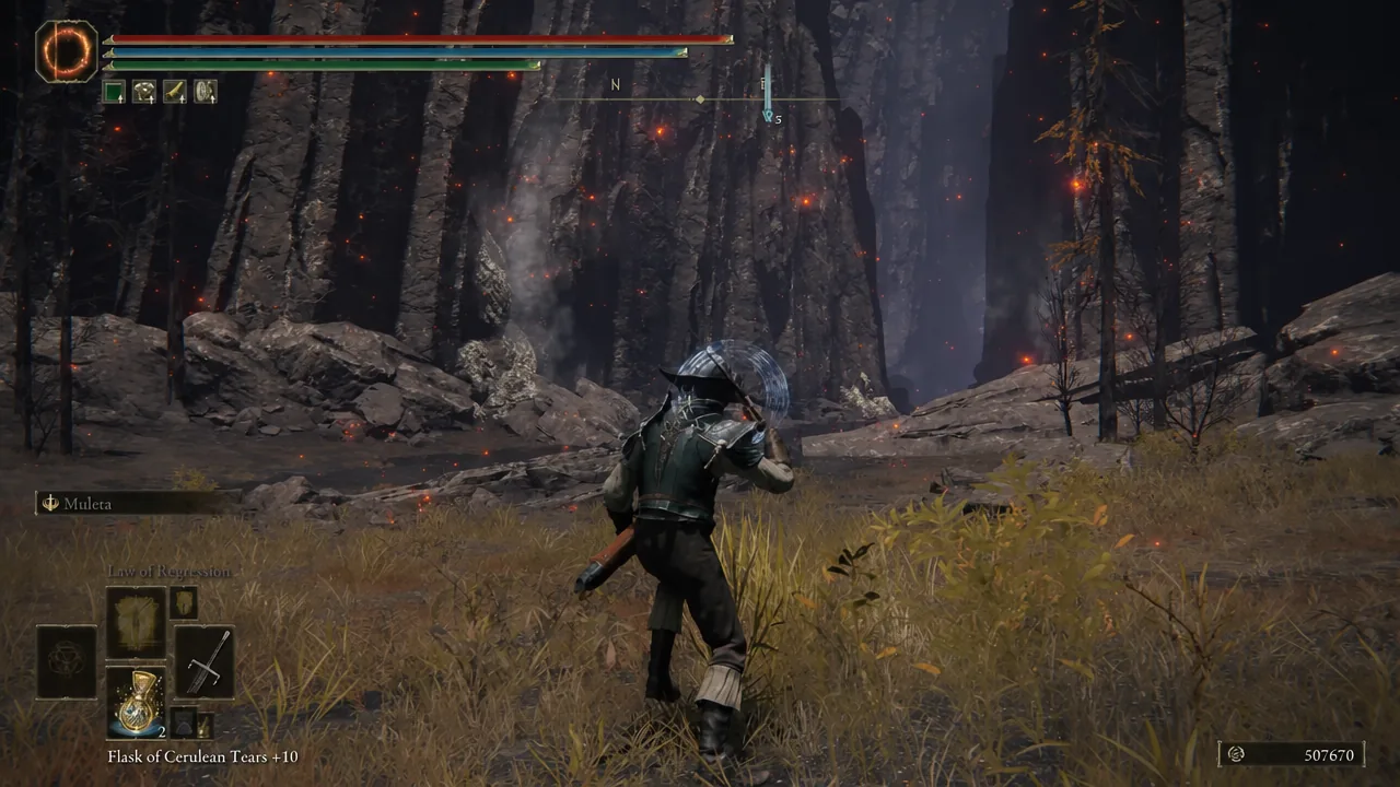 Mounted player riding through the Lands Between with the flask HUD visible in the corner