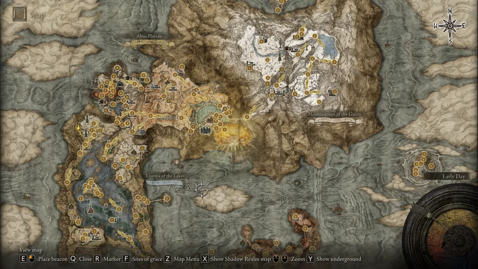Elden Ring world map open with discovered Sites of Grace marked across the Lands Between