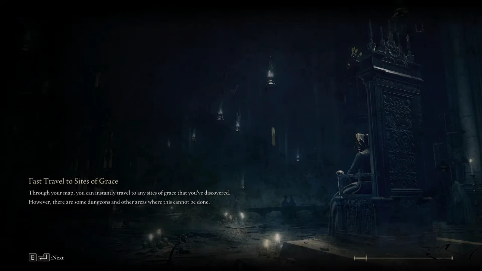 Fast Travel to Sites of Grace loading tip on screen with the Next prompt