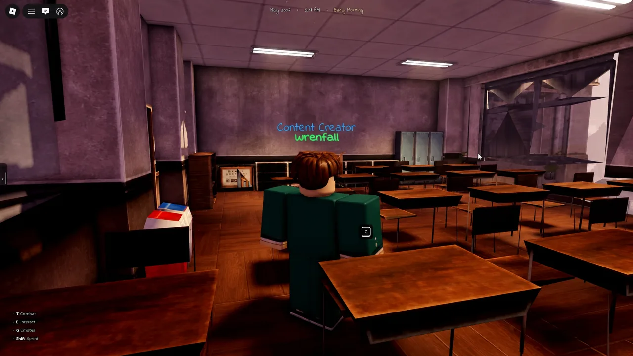 Gakuran classroom scene with the character standing by the desks and the C interaction prompt on screen